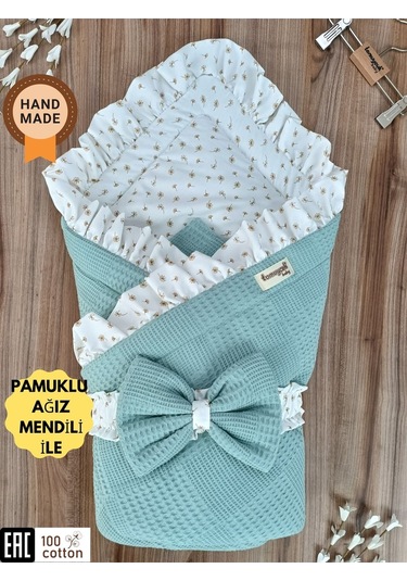 Pike Bebek Battaniyesi Dış Kundağı %100 Pamuklu Çiçek Desenli Yenidoğan Hastane Çıkışı Mevsimlik Yeşil