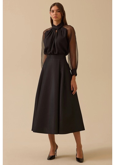 Seçil Kadın Tafta Kumaş Yüksek Bel Şık Kloş Etek 8001 Siyah Siyah