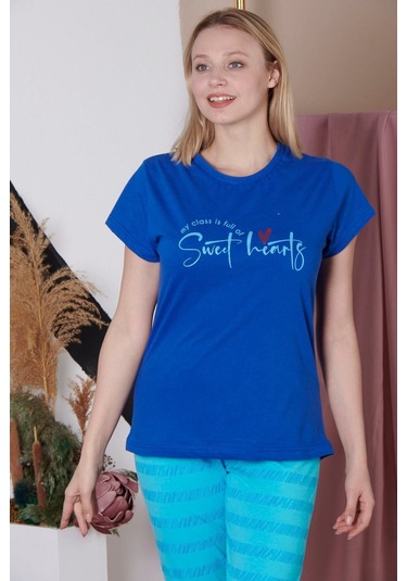 Kadın Kısa Kollu Yazı Baskılı Saks Pijama Takımı K-20144 Saks