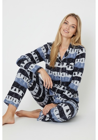 Luxury Soft Lacivert Çam Ağacı Desenli Uzun Kollu Kadın Pijama Takımı 3048 Mavi
