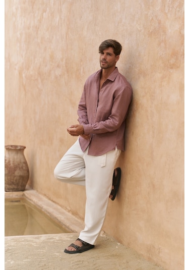 Mai Collection Mai Studios Co. Ottavia Açık Bordo Keten Oversize Erkek Gömlek Açık Bordo