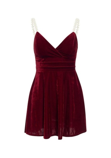 İnci Askılı Skater Kloş Kadife Gece Kokteyl Davet Akşam Yemeği Elbisesi Kırmızı