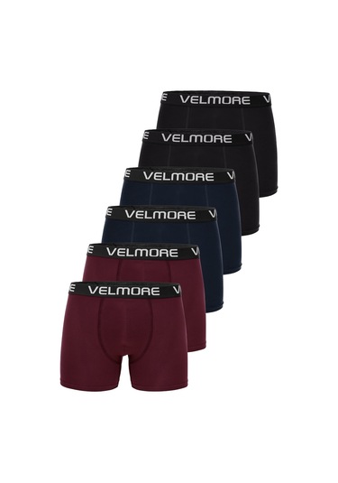 Velmore 6 Lı Kutu Premium Erkek Boxer Likralı Ve Pamuklu İç Giyim Siyah-lacivert-bordo