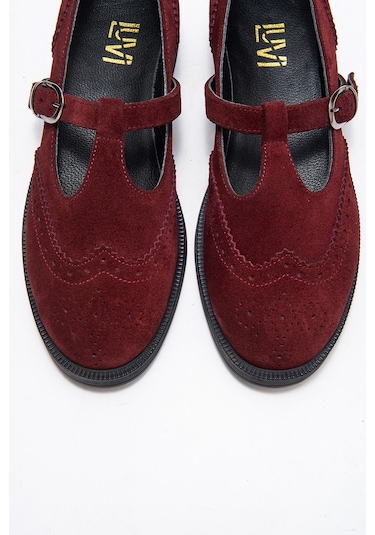 Janney Bordo Süet Hakiki Deri Bantlı Kadın Loafer Ayakkabı Bordo