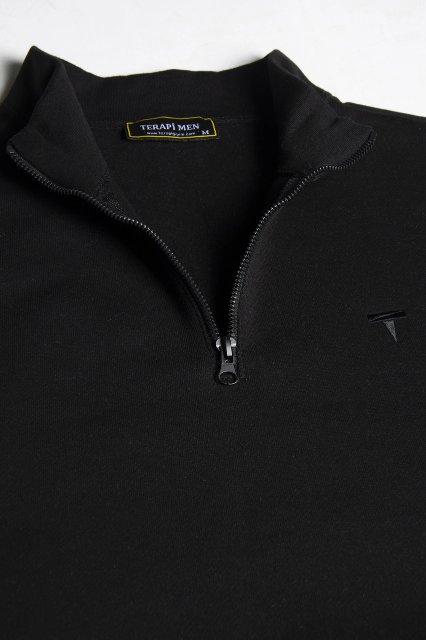 Terapi Men Erkek Siyah Yarım Fermuarlı Basic Düz Renk Trend Sweatshirt Siyah1