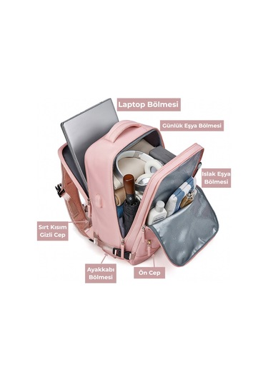 Su Geçirmez 16" İnç 30l Ayakkabı Bölmeli Seyahat Sırt Çantası - Laptop Bölmeli, Usb Şarj Girişli Pembe