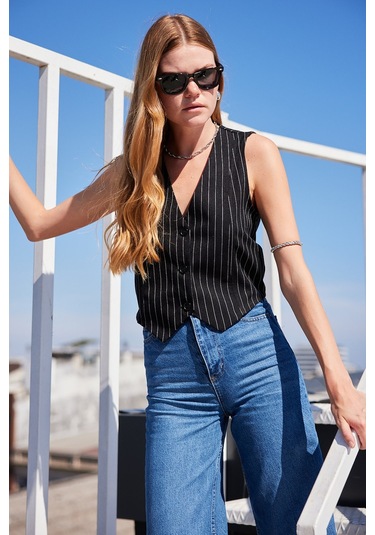 Bigdart 6794 Çizgili Dokuma Yelek - Siyah 001