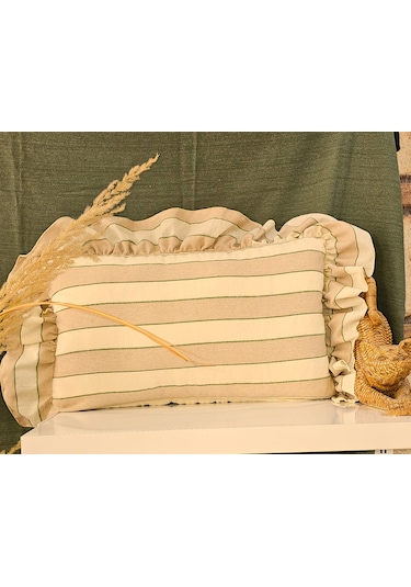 Keten Bohem Fırfırlı Vintage 2'li Dikdörtgen Kırlent Kılıfı Çizgili