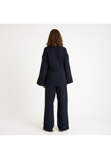 %100 Pamuklu Dokuma İçten Bağlamalı Müslin Kimono-pantolon Alt Üst Takım Siyah