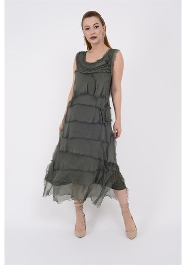 Italyan 2 Beden İnce Gösteren Kat Kat Kolsuz Ipek Elbise Koyu Haki