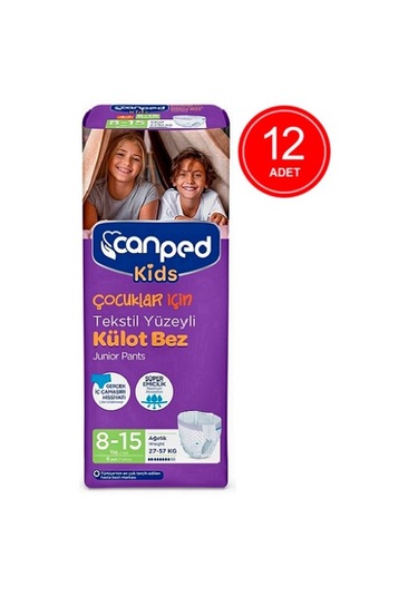 Canped Kids Çocuklar İçin Tekstil Yüzeyli Külot Bez 27-57 KG 8-15 Yaş 12 x 8 Adet