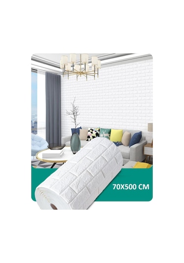 70x500cm Tek Paça Kendinden Yapışkanlı Beyaz Tuğla Desen 3D Duvar Kağıdı Paneli