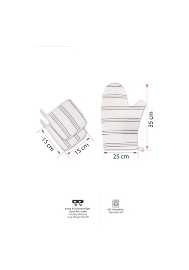 3'lü Fırın Eldiveni Ve Tencere Tutacak Mutfak Seti & 220 Derece Isıya Dayanıklıkrem Gri Çizgili