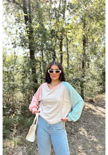 WeShaya Kadın Bej Uzun Balon Kol, Yuvarlak Yaka, Kolları Double Color Block Basic Sweatshirt Bluz Bej