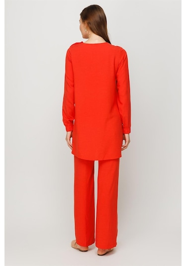 Doğal Kumaş Rahat Kullanımlı Pantolon Tunik Takım Mercan-mercan Mercan