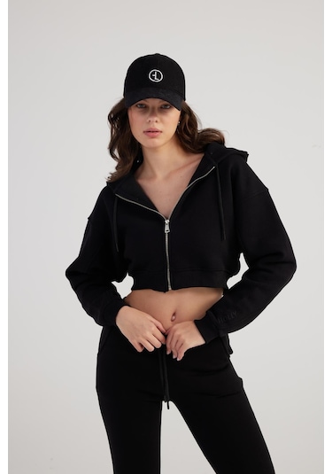 Holly Lolly Kadın Siyah Kapüşonlu Uzun Kol Fermuarlı Crop Mixed Sweat