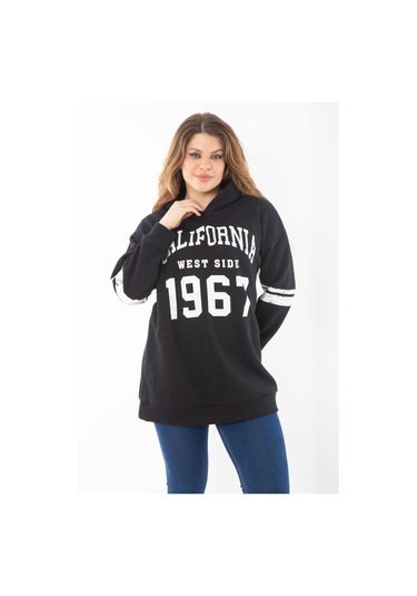 Kadın Büyük Beden Haki İçi Şardonlu Üç İplik Kapşonlu Sweatshirt 65n37290-siyah Siyah