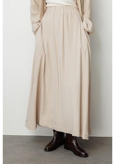 Mizalle Modal Karışımlı Taş Rengi Beli Lastikli Maksi Etek Taş