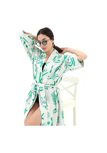Baskılı Keten Kimono - Yeşil-yeşil Yeşil