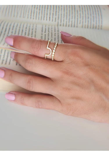 Oval İki Sıralı Taşlı Model Ayarlanabilir Gold Altın Renkli Yüzük Gold