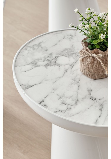 Elips Sehpa,tekli Sehpa,yan Sehpa,zigon Sehpa - Beyaz & Beyaz Mermer Desenli Beyaz Gövde & Beyaz Mermer Desenli Tabla