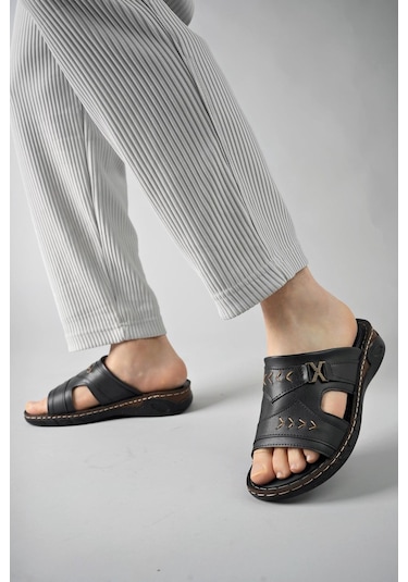 Muggo Ryan Garantili Ortopedik Rahat Taban Deri Görünümlü Erkek Terlik 001