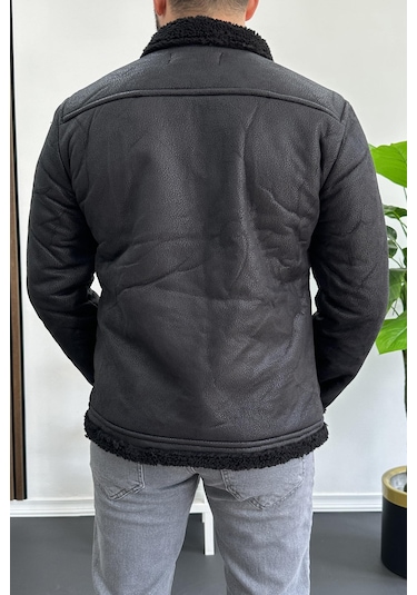 Erkek İçi Kürklü Suni Pul Deri Mont Siyah Edw120-siyah Siyah