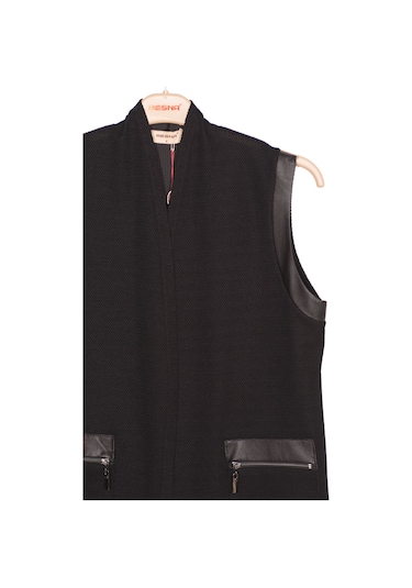 Hesna Kadın Deniz Şönil Derili Fermuar Detaylı Siyah Yelek Siyah