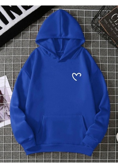 Yarım Kalp Sweatshirt - Sax Mavi Baskılı Oversize Kışlık Kalın Kapüşonlu Saks Mavi