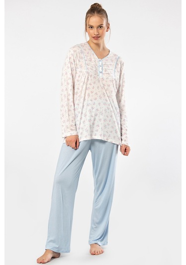 Türen 3366 Kadın Büyük Beden Uzun Kollu Pijama Takım-mavi Mavi