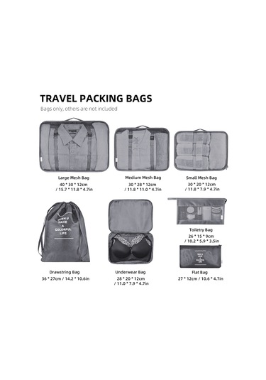 Yunboo Seyahat Çanta Organizer 7'li Set - Su Geçirmez Kumaş, Çift Fermuar, Bölmeli Giyim Depolama Çantaları Gri Gri