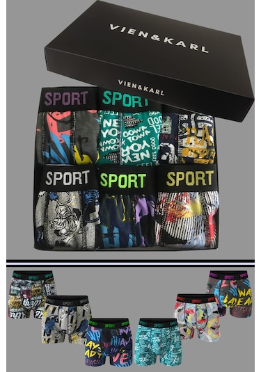 Erkek Desenli 6'Lı Premium Penye Kutu Pamuklu Likralı Boxer Çok Renkli