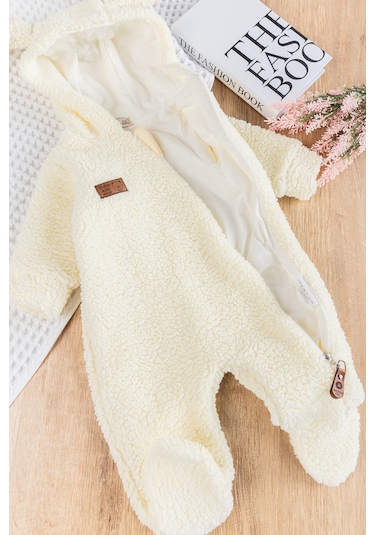 Kapüşonlu Welsoft Peluş Kışlık Kız/erkek Bebek Tulum Krem