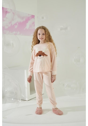 Kız Garson Uzun Kol Kadife Pembe Pijama Takımı C8t5n5o7 001