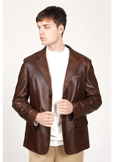 Dericlub E2246 Gerçek Deri Erkek Blazer Ceket-Camel