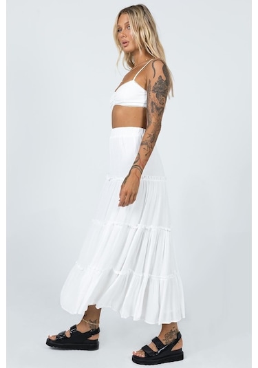 Beyaz Basic Pileli Kadın Uzun Etek Beyaz