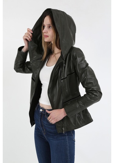 Derinss Dka1125 Hakiki Deri Kadın Yeşil Mont