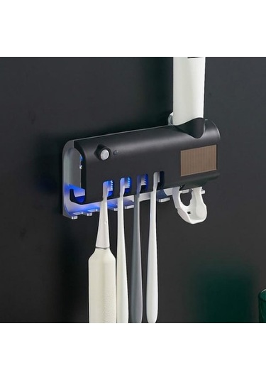 Novahub Siyah Diş Fırçası Rafı Ultraviyole Sterilizasyon Akıllı Dezenfektör Yumruksuz Duvara Monte Yıkama Diş Macunu Sıkma Cihazı Siyah Siyah