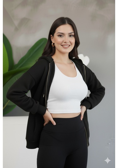 Kadın Genç Unisex Cepli Kapüşonlu Fermuarlı Sweatshirt Hırka Siyah