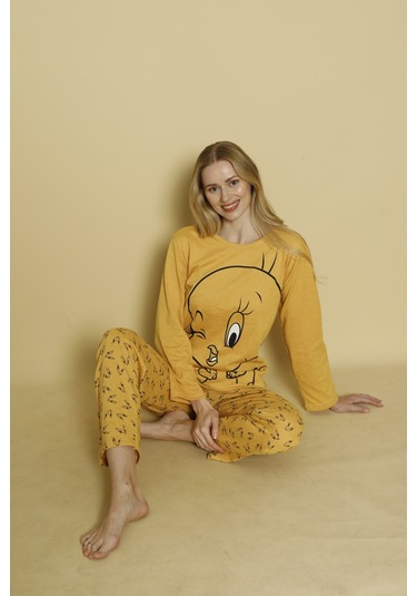Kadın Penye Sıfır Yaka Uzun Kol Pijama Takımı Hardal Sarı