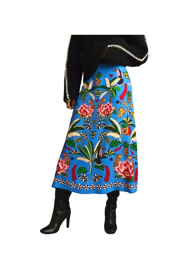 Günlük Moda Bitki Baskılı Retro Etek Kadın Mavi