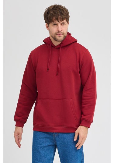 Erkek Bordo Standart Fit Normal Kesim Içi Polarlı 3 Iplik Kapüşonlu Pamuklu Sweatshirt Bordo
