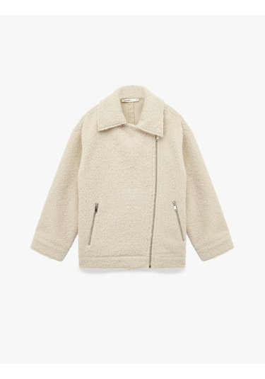 Koton Uzun Kollu Cepli Fermuar Detaylı Kısa Buklet Kaban Bej 6wak20198ew Ekru