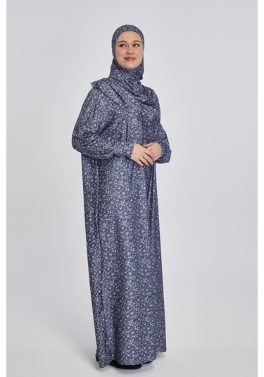 Pratik Tek Parça Çiçek Desenli Namaz Elbisesi Lacivert