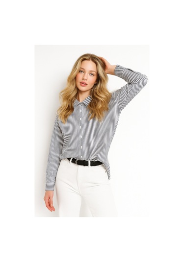 Kadın Çizgili Oversize Gömlek Antrasit Beyaz Pamuk Gömlek Antrasit
