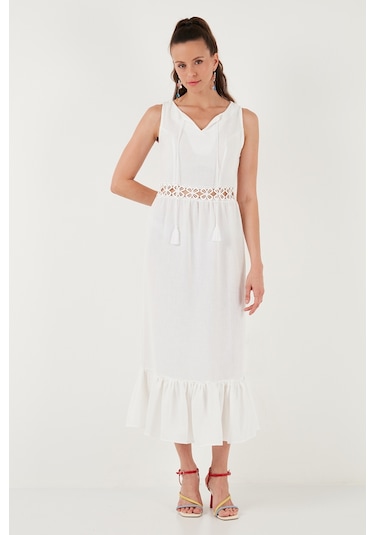 Lela Regular Fit Volanlı Kolsuz Midi Bayan Elbise 611El574 Ekru