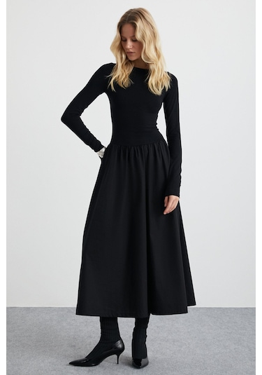 GRIMELANGE Pani Kadın Maxi Boy Etek Kısmı Dokuma Poplin Kloş Üst Kısmı Esnek Viskon Elastan Şık Siyah Elbise Siyah