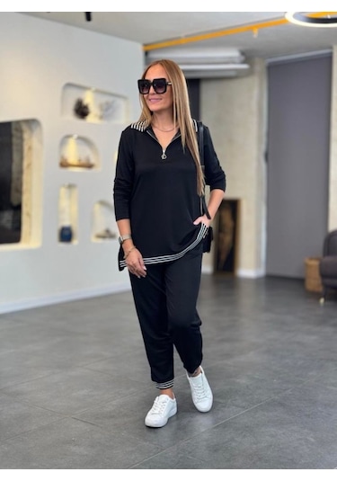 Modaserdem Kadın Uzun Kollu Ribana Ve Fermuar Detay Bluz Ve Yüksel Bel Pantolon 2li Takım Siyah