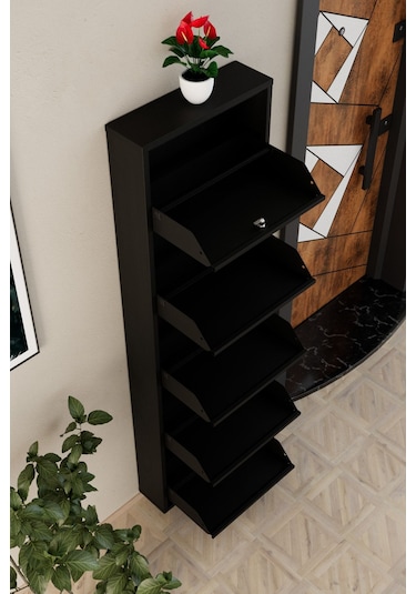 Kilitli 5 Kapaklı Metal Ayakkabılık Siyah Siyah