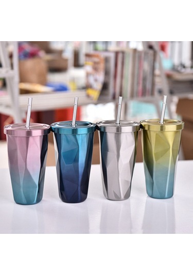 Gajeena Stahl Çift Katlı Isı Saklama Bardak, İki Renkli Desen, Pipetli, 500ml Kapasite, Gümüş Sarı Mavi Mor Turuncu Siyah Seçenekleri